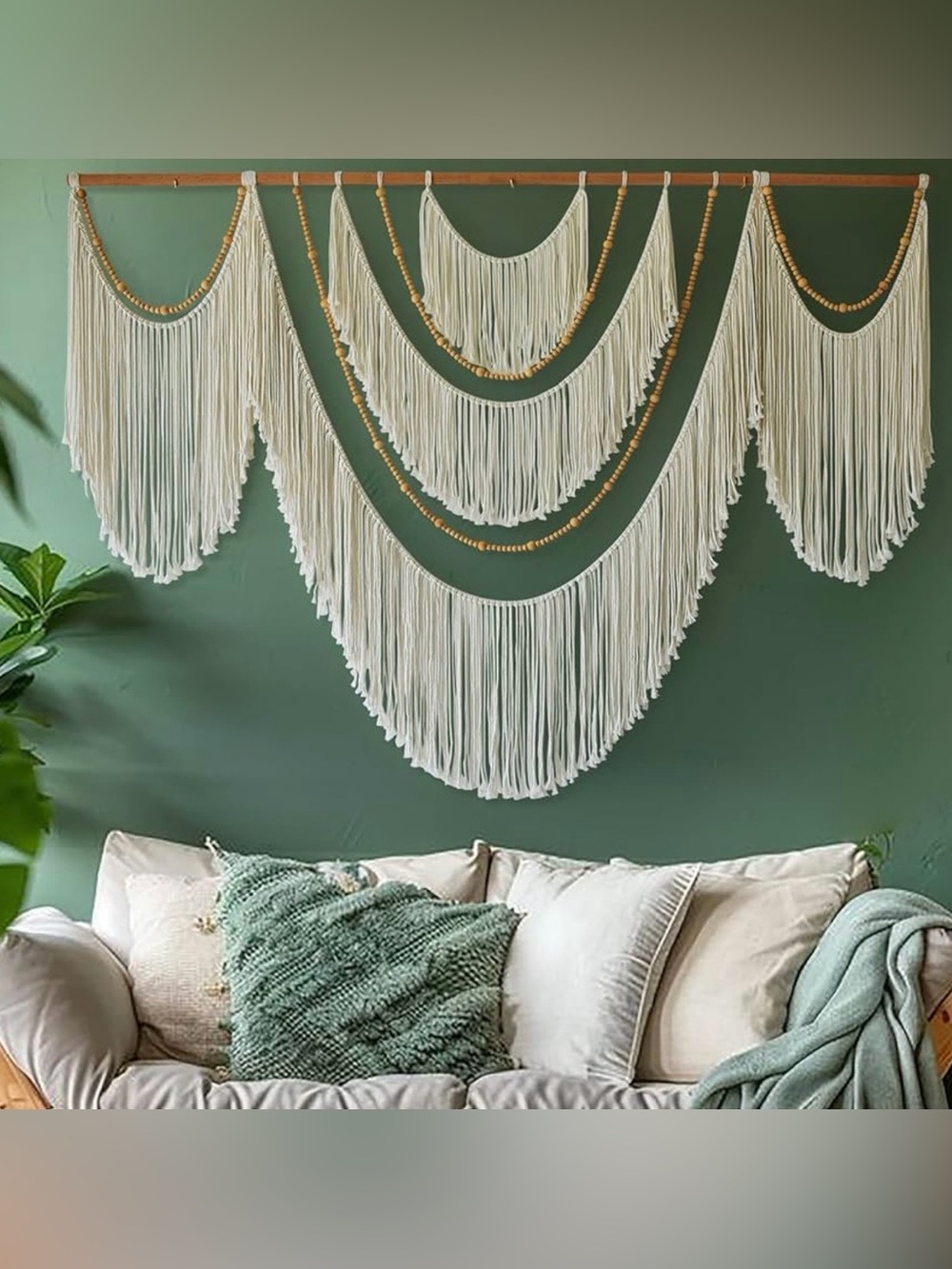 NEW Anthropologie XL Beige Woven Boho Beaded Tapestry Macrame Wall Hanging 57x40 - Picture 3 of 11